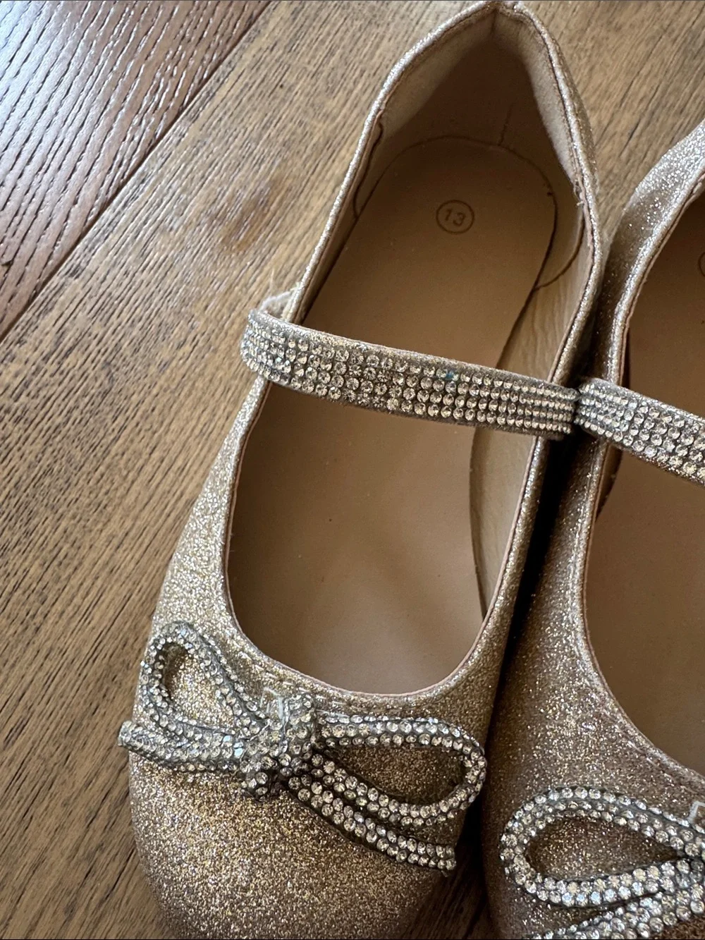 Kids Gold Glitter Mary Jane Shoes with Bow Detail